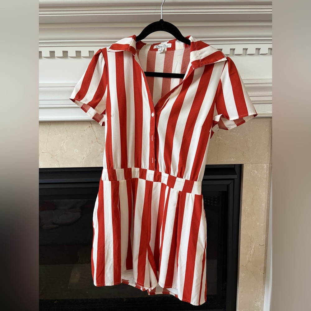 Red & White Striped Short-Sleeve Romper